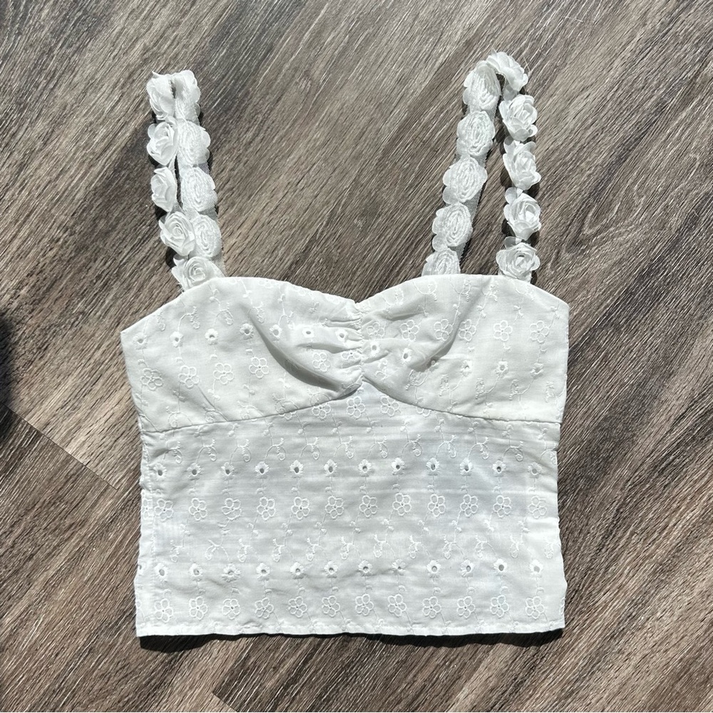 White Eyelet Lace Crop Tank Top with Floral Straps